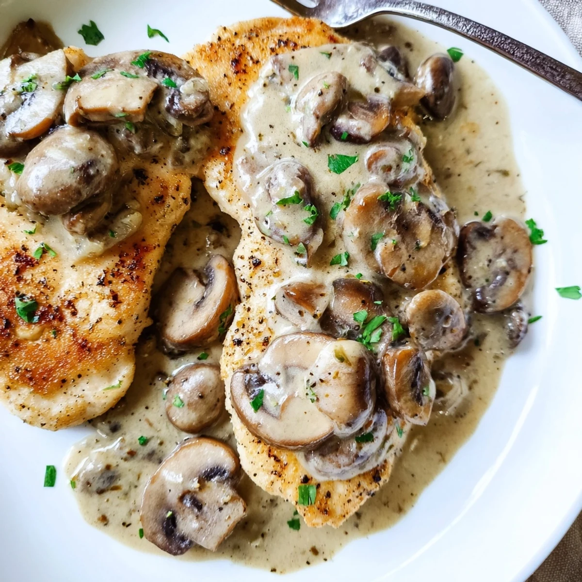 Browned mushrooms and garlic scented cream coating tender breasts, Skillet Chicken And Mushroom Sauce