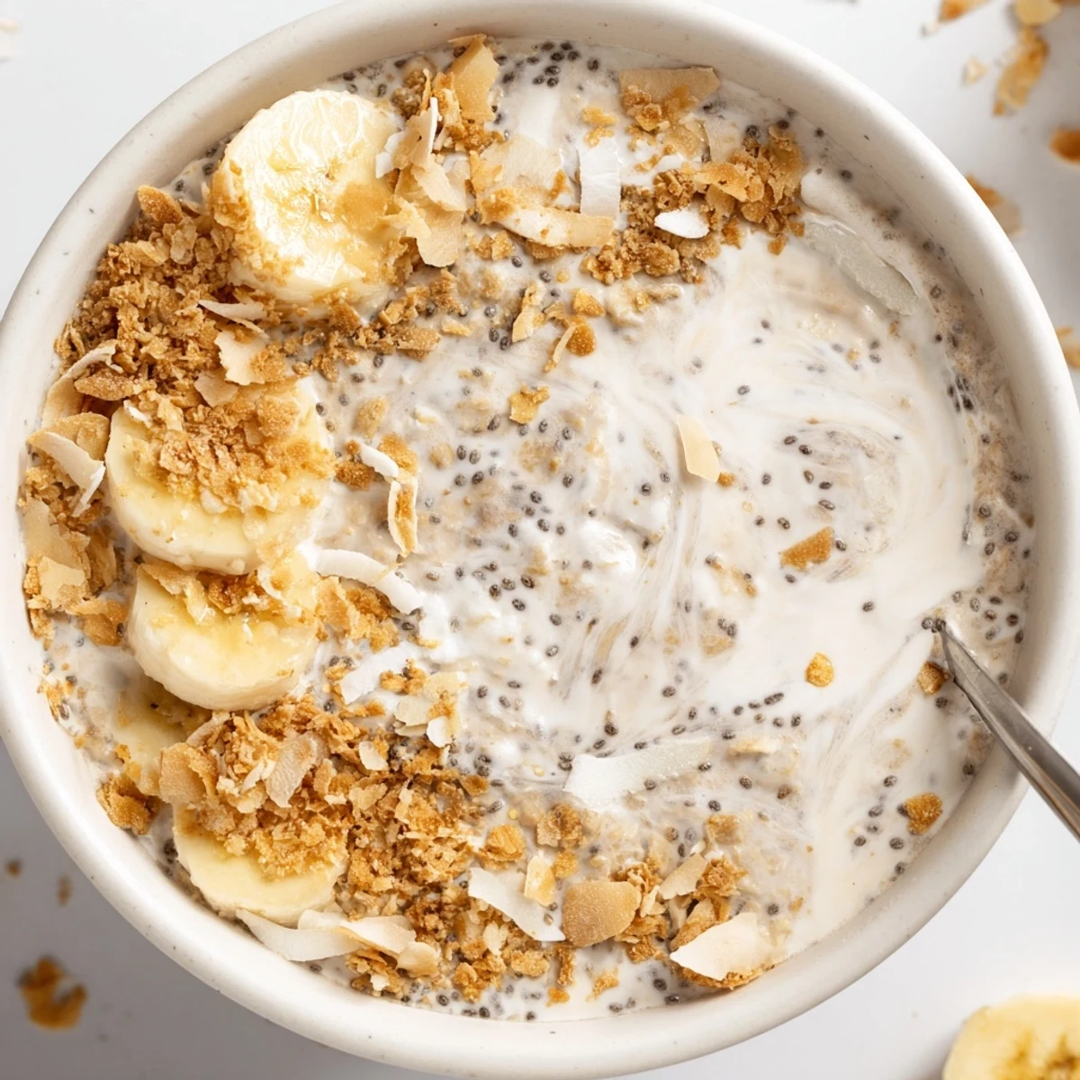 Creamy Coconut Cream Pie Overnight Oats garnished with crushed graham crackers and pineapple.