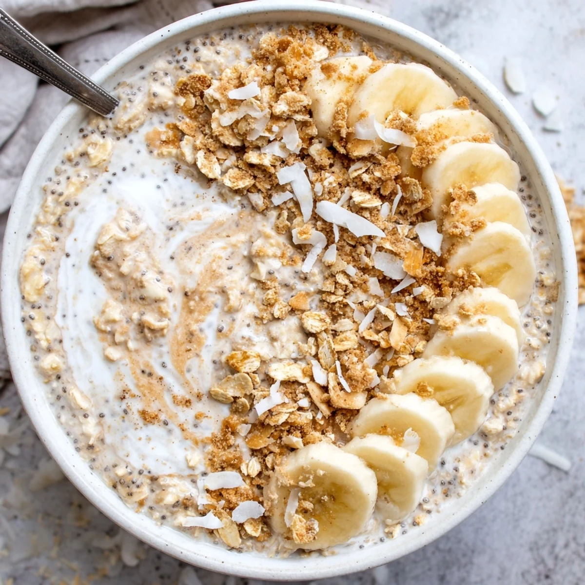 Coconut Cream Pie Overnight Oats in jar topped with toasted coconut, banana.