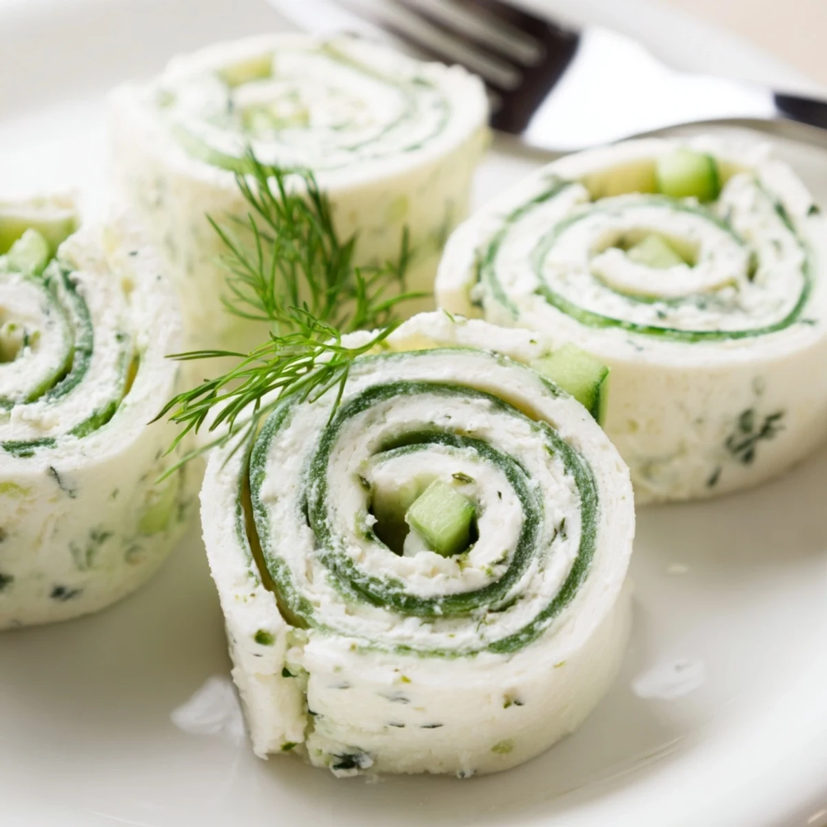 Cucumber And Dill Pinwheels chilled on a platter, creamy filling, bright dill.