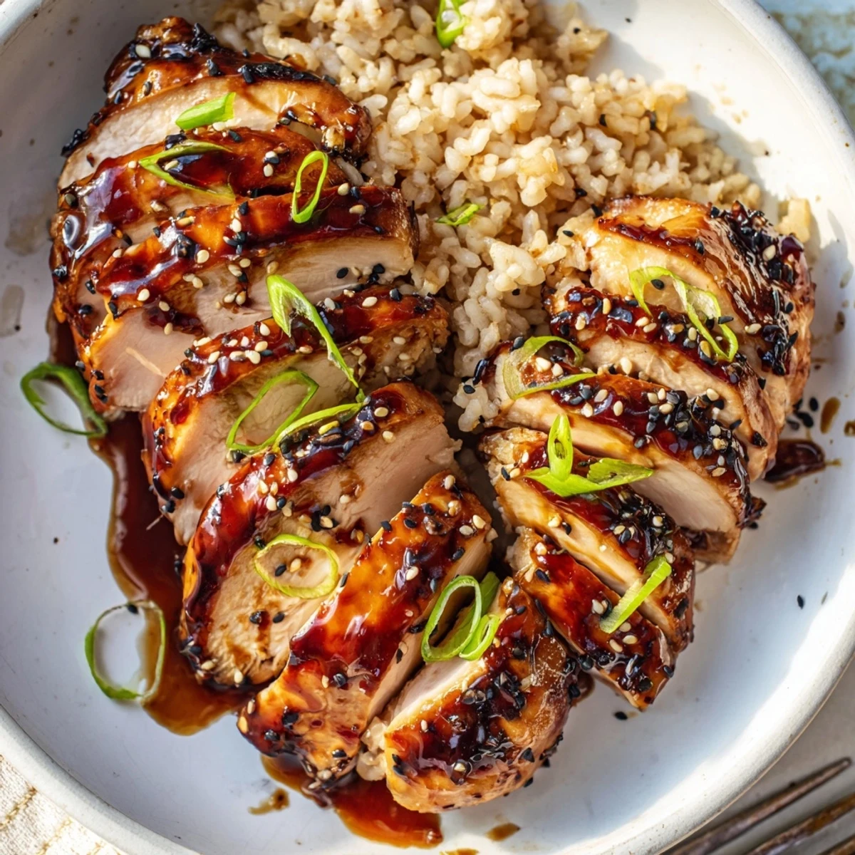 Glossy Char Siu Chicken resting on rice, mahogany caramelized edges