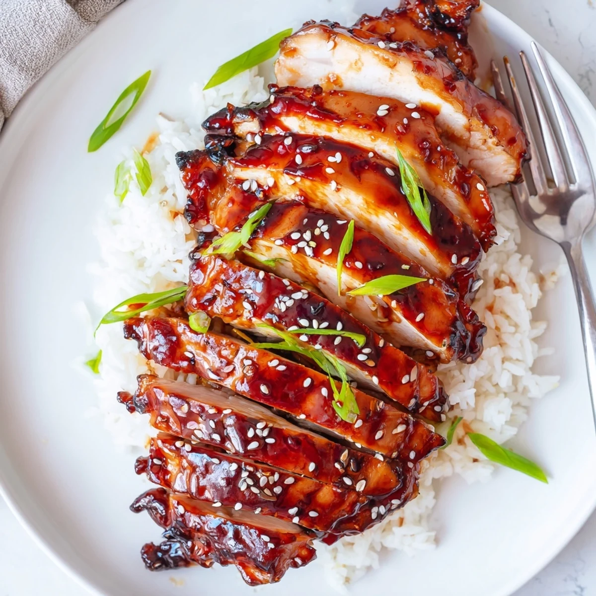 Sliced Char Siu Chicken with sesame seeds and green onions, steaming aroma