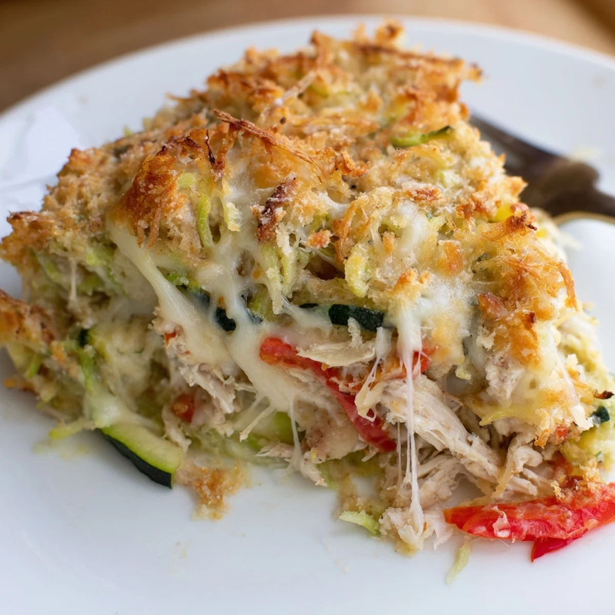 Golden bubbly Family Friendly Chicken Zucchini Bake cooling on a wooden board