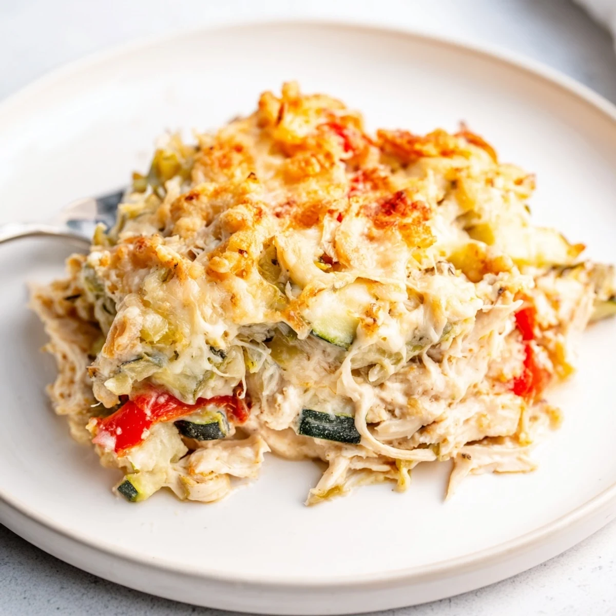 Family Friendly Chicken Zucchini Bake served with fresh green salad, fork ready