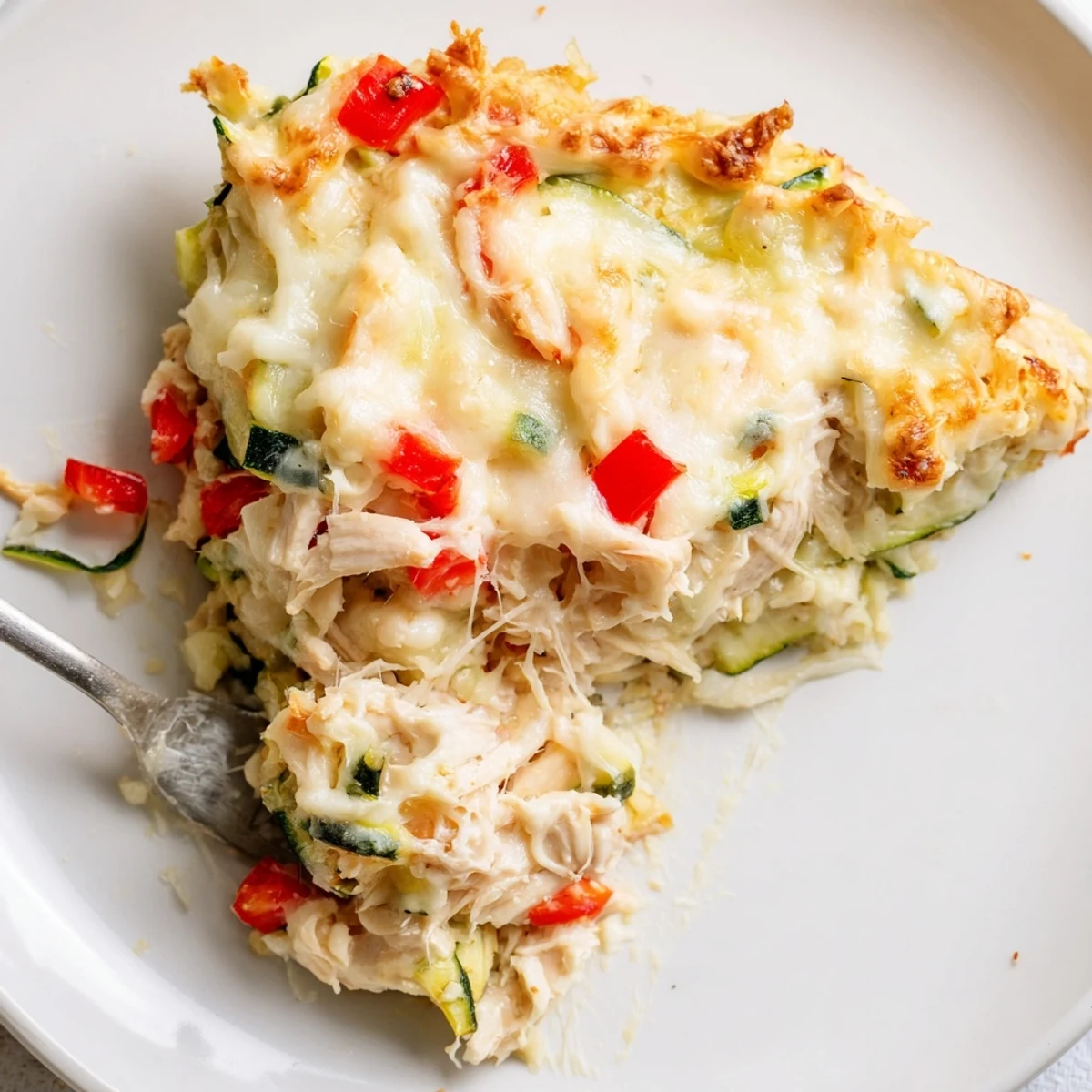Sliced Family Friendly Chicken Zucchini Bake showing cheesy layers, zucchini and herbs