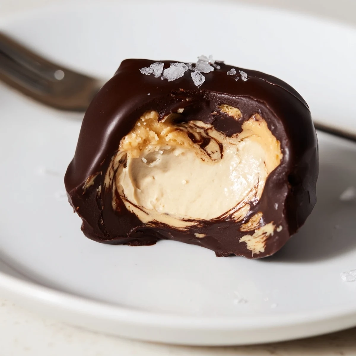 Handheld Frozen Peanut Butter Greek Yogurt Bites Dipped In Dark Chocolate With Sea Salt