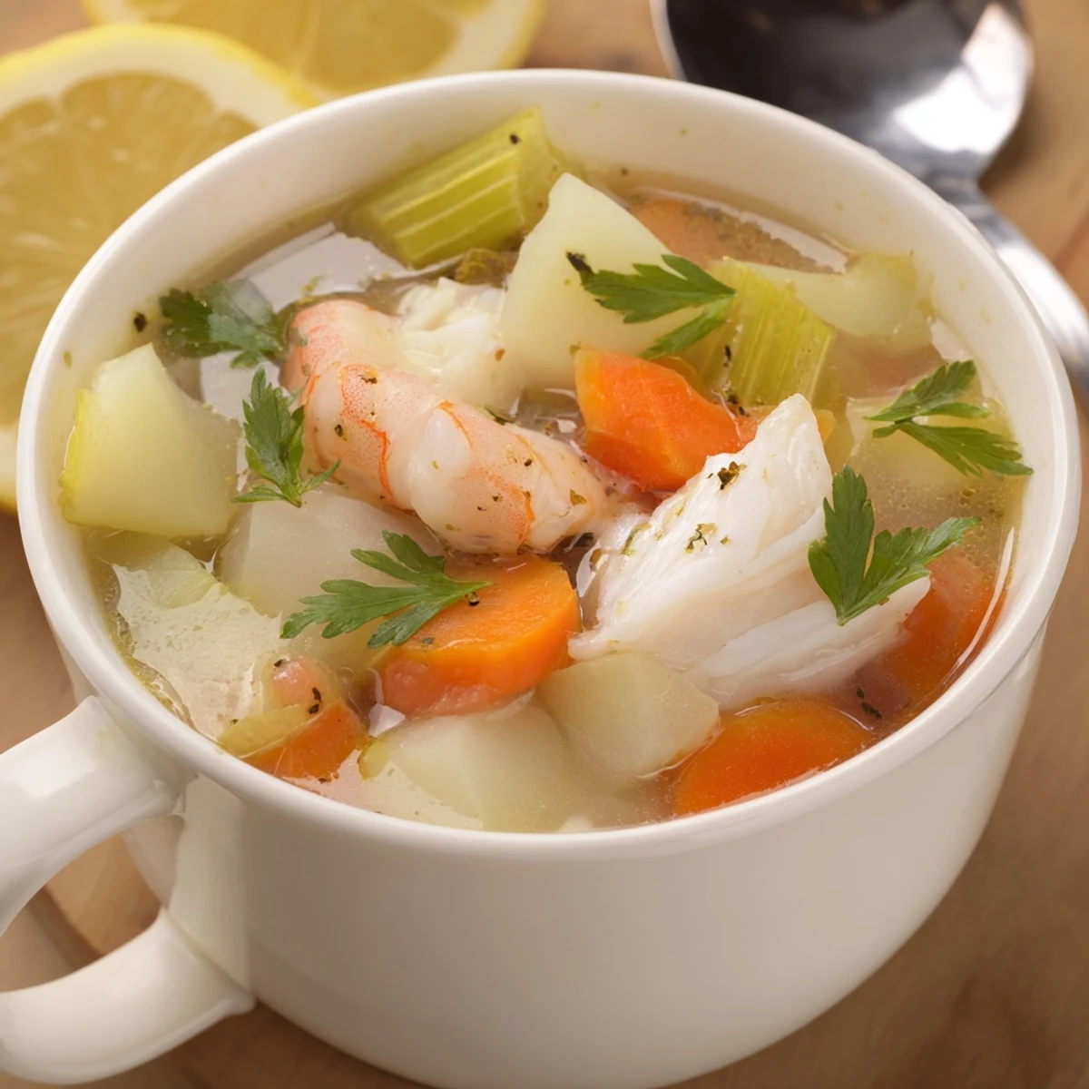 Hearty Fish Soup steaming in a bowl with parsley, lemon wedge