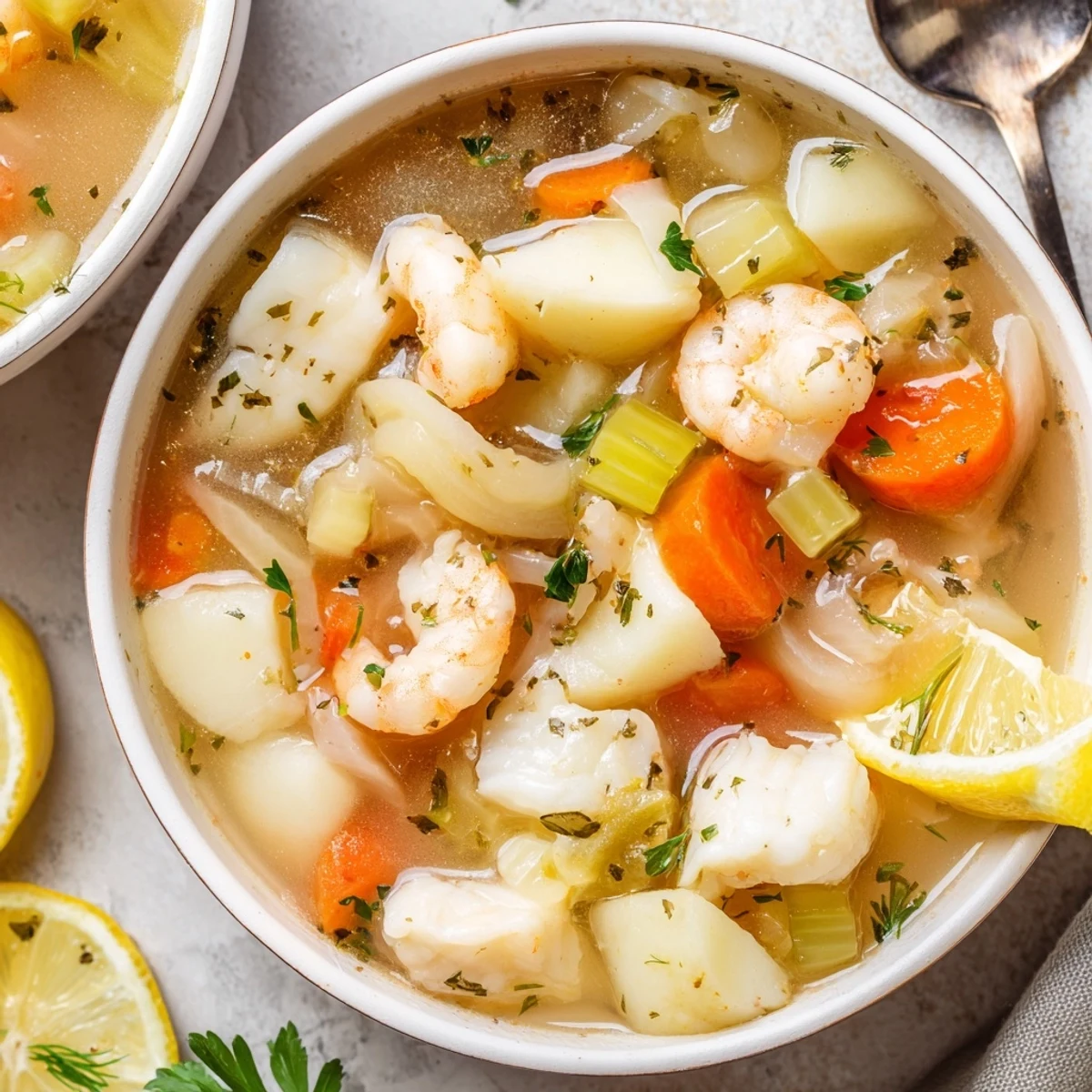 Comforting Fish Soup brimming with flaky cod, potatoes, and crusty bread
