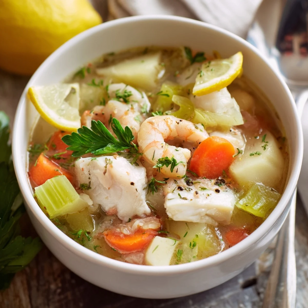 Savory Fish Soup simmered with tomatoes, white wine aroma, herb garnish