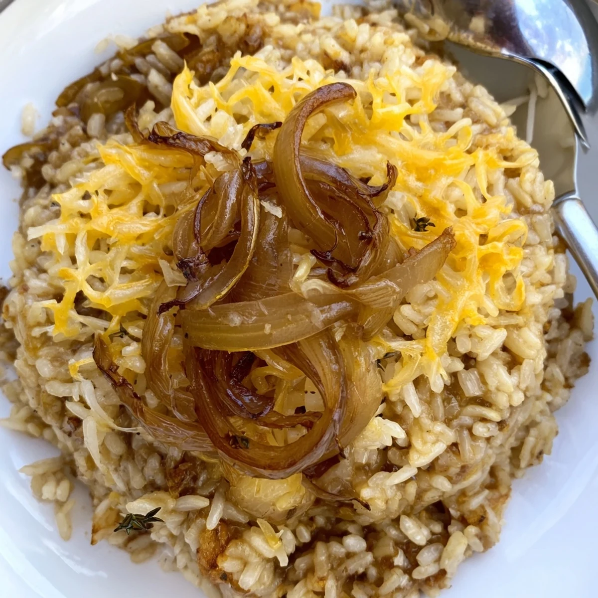 French Onion Soup Rice bubbling with melted Gruyère, caramelized onions, crusty crouton topping