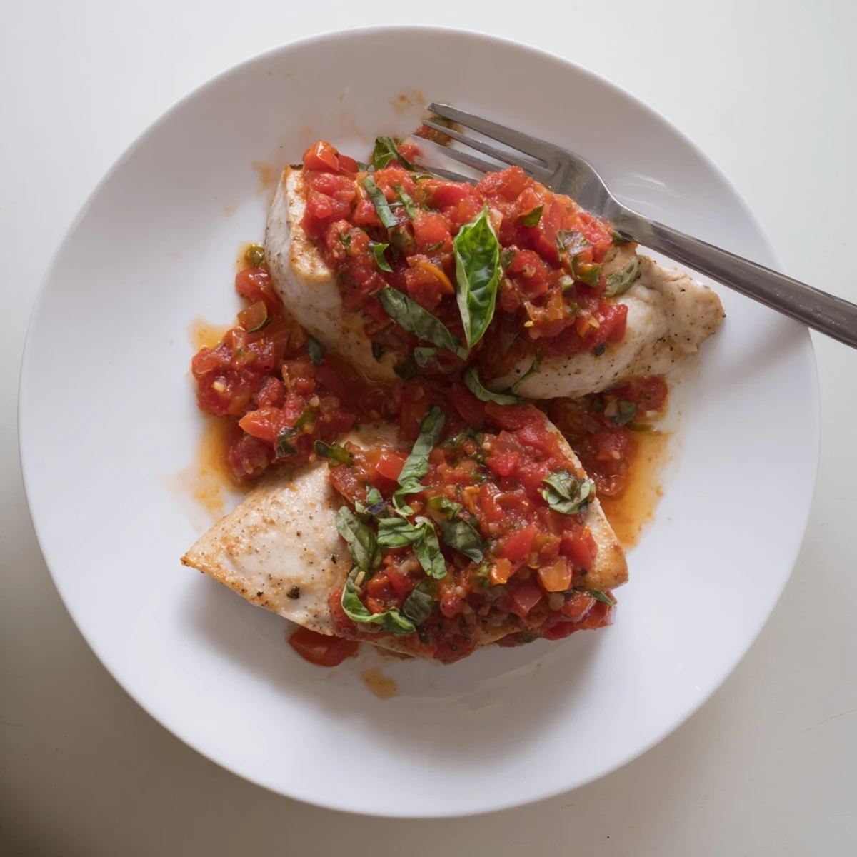 Slow Cooker Tomato Basil Chicken Breasts simmering in rich sauce, basil garnish.