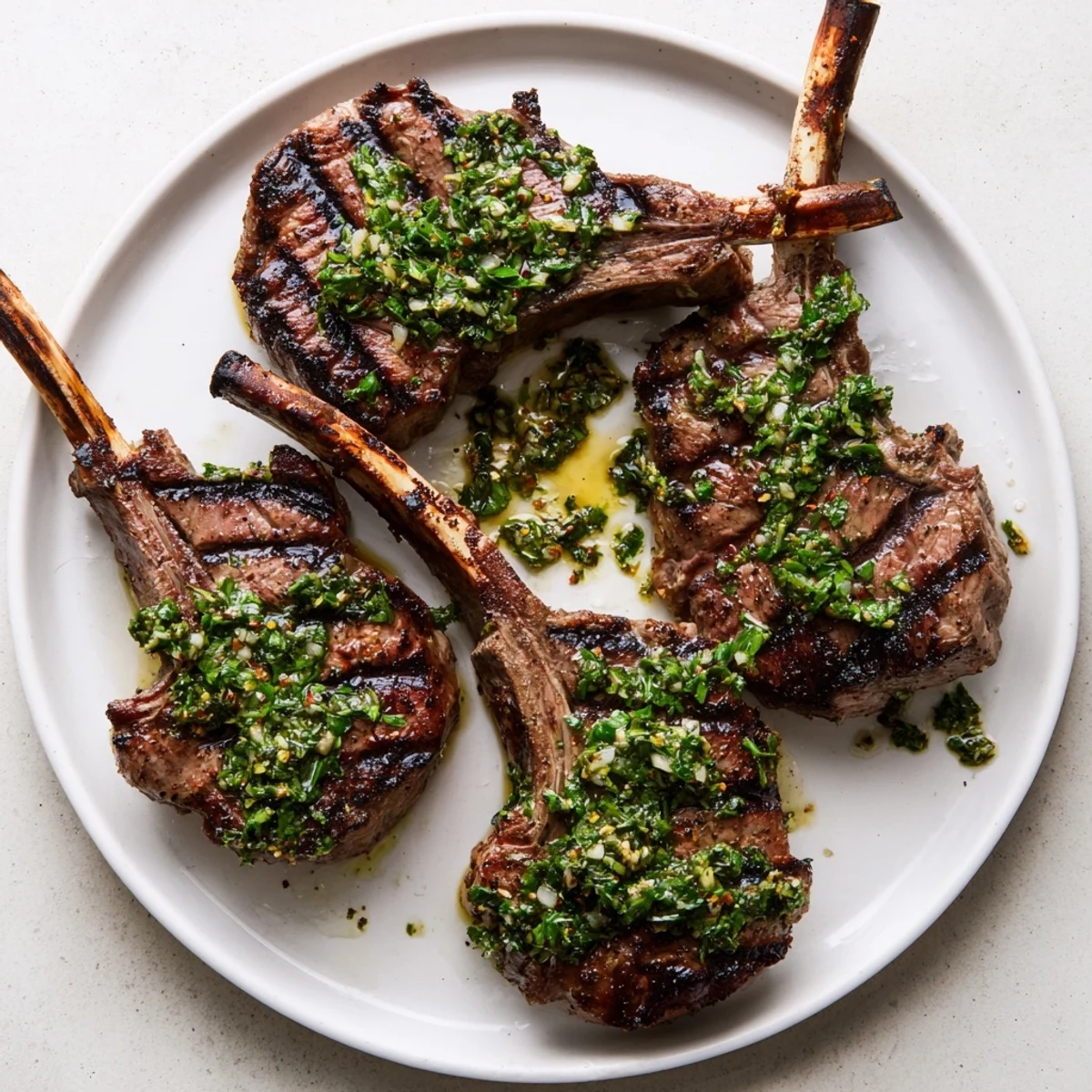 Grilled Lamb Chops With Chimichurri resting on plate, herb sauce glistening