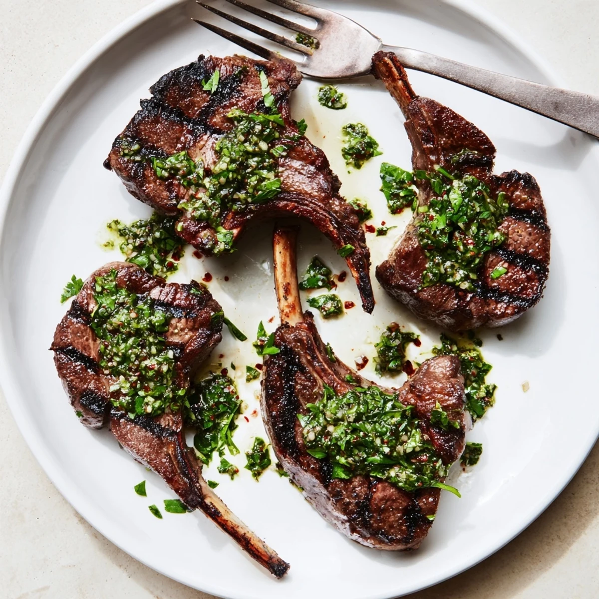 Juicy Lamb Chops With Chimichurri topped with bright parsley-garlic sauce, ready to serve