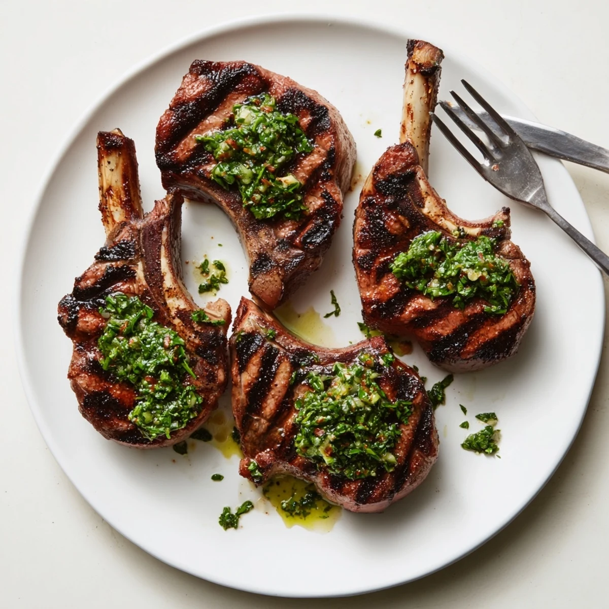 Plated Lamb Chops With Chimichurri showing charred grill marks, lemon brightness