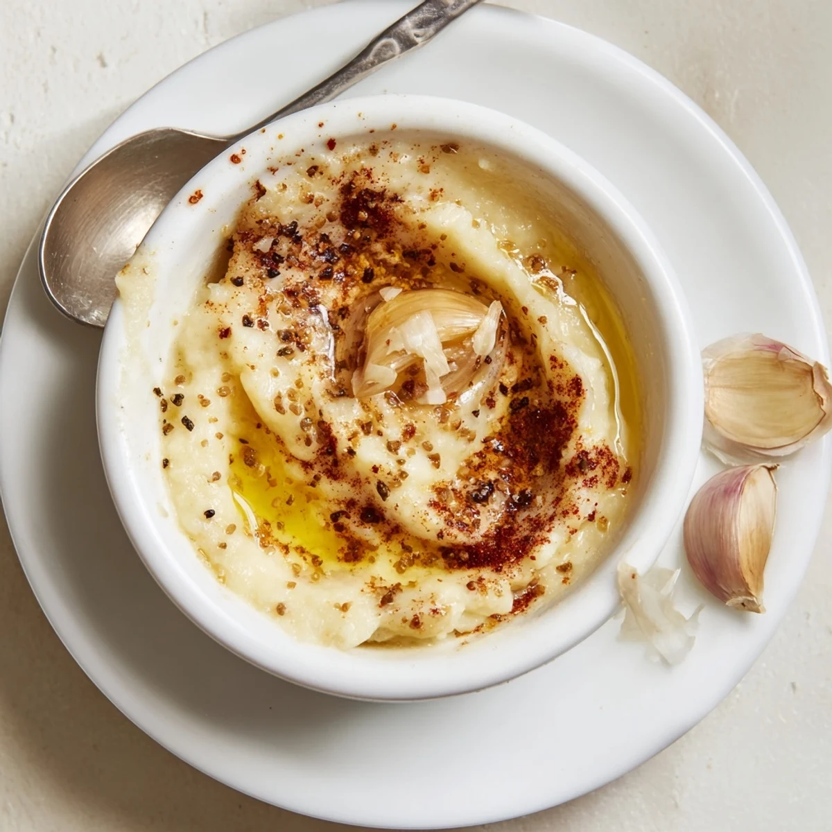 Small bowl of Smoky Garlic Sauce with charred garlic and lemon zest