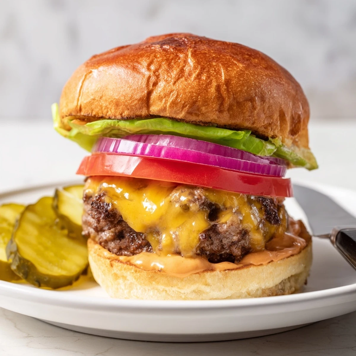 Plate of Cheesy Smash Burgers on toasted buns with pickles and onions