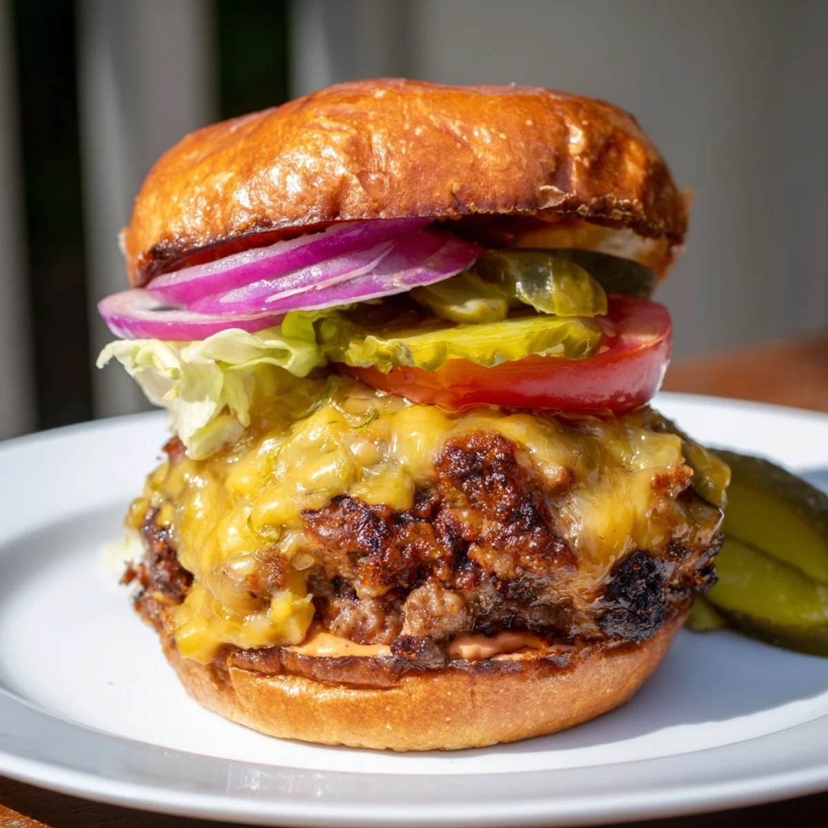 Sizzling Cheesy Smash Burgers pressed thin on griddle, ready to serve
