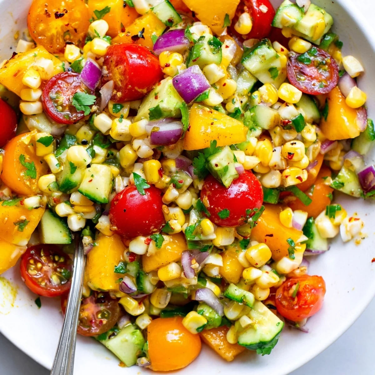 Fresh Peach Corn Salad with Honey Lime Dressing, vibrant peaches and charred corn