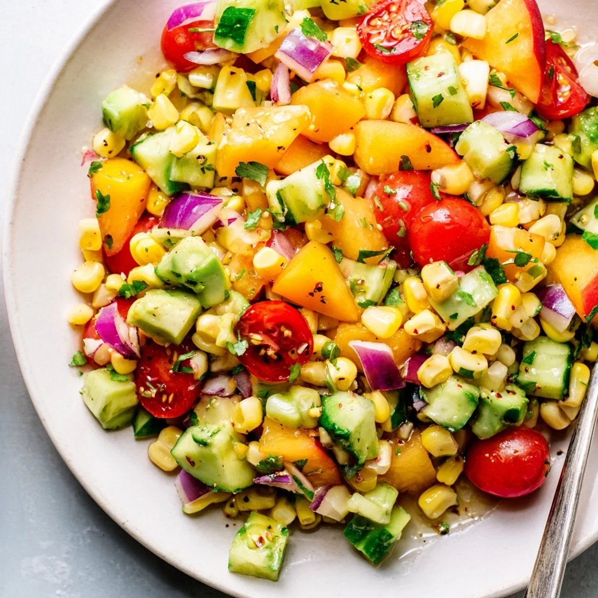 Bowl of Fresh Peach Corn Salad with Honey Lime Dressing, juicy, tangy picnic-ready
