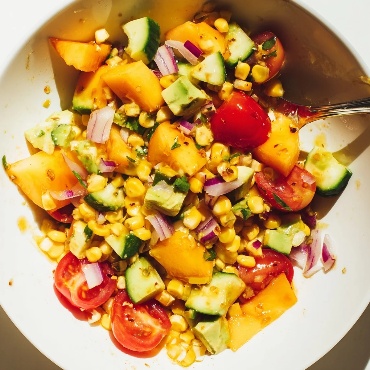 Serve Fresh Peach Corn Salad with Honey Lime Dressing chilled, creamy avocado cubes