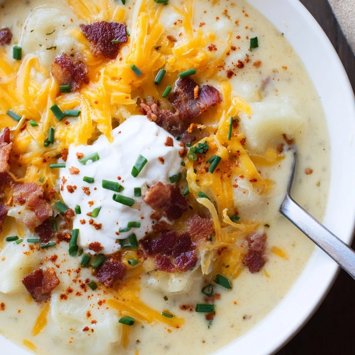 Silky Creamy Cheddar Outback Potato Soup Delight spooned into a rustic bread bowl