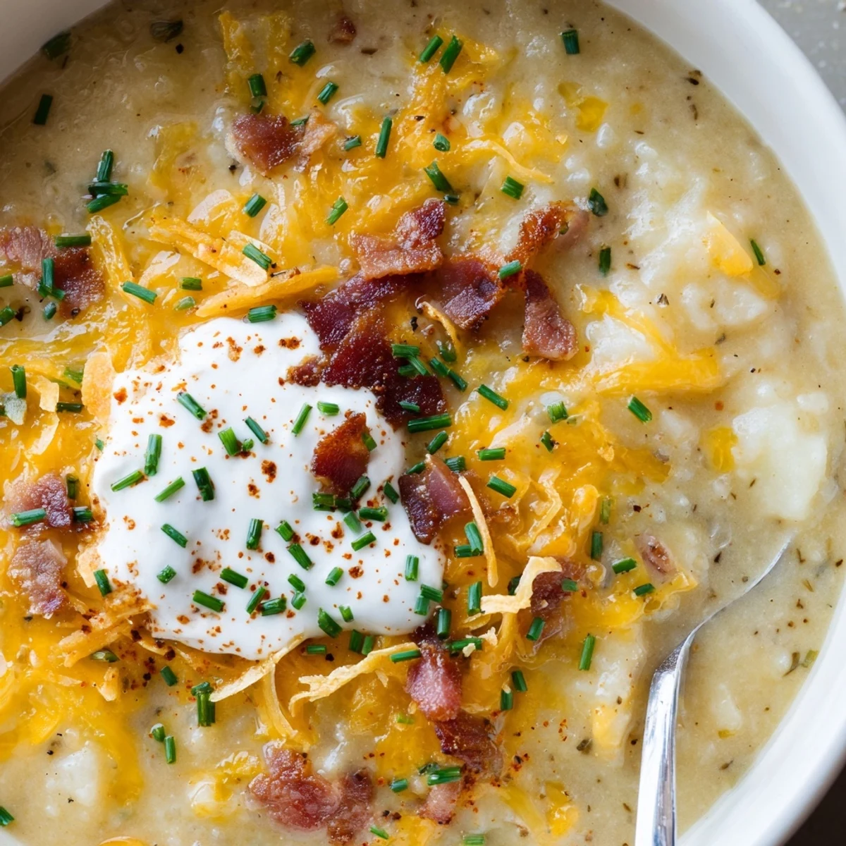 Steaming bowl of Creamy Cheddar Outback Potato Soup Delight garnished with chives