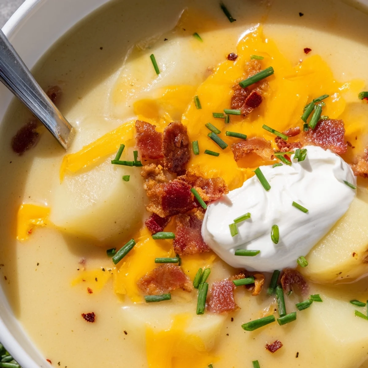 Velvety Creamy Cheddar Outback Potato Soup Delight topped with crisp bacon and pepper