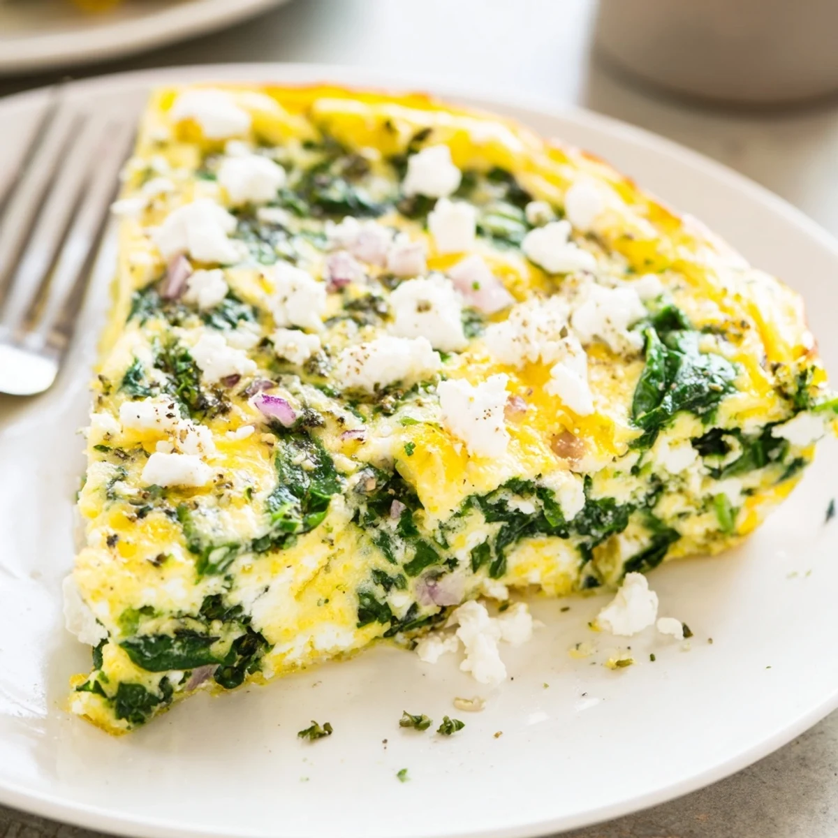 Sliced Spinach Frittata With Feta, tangy crumbles, served warm for brunch.