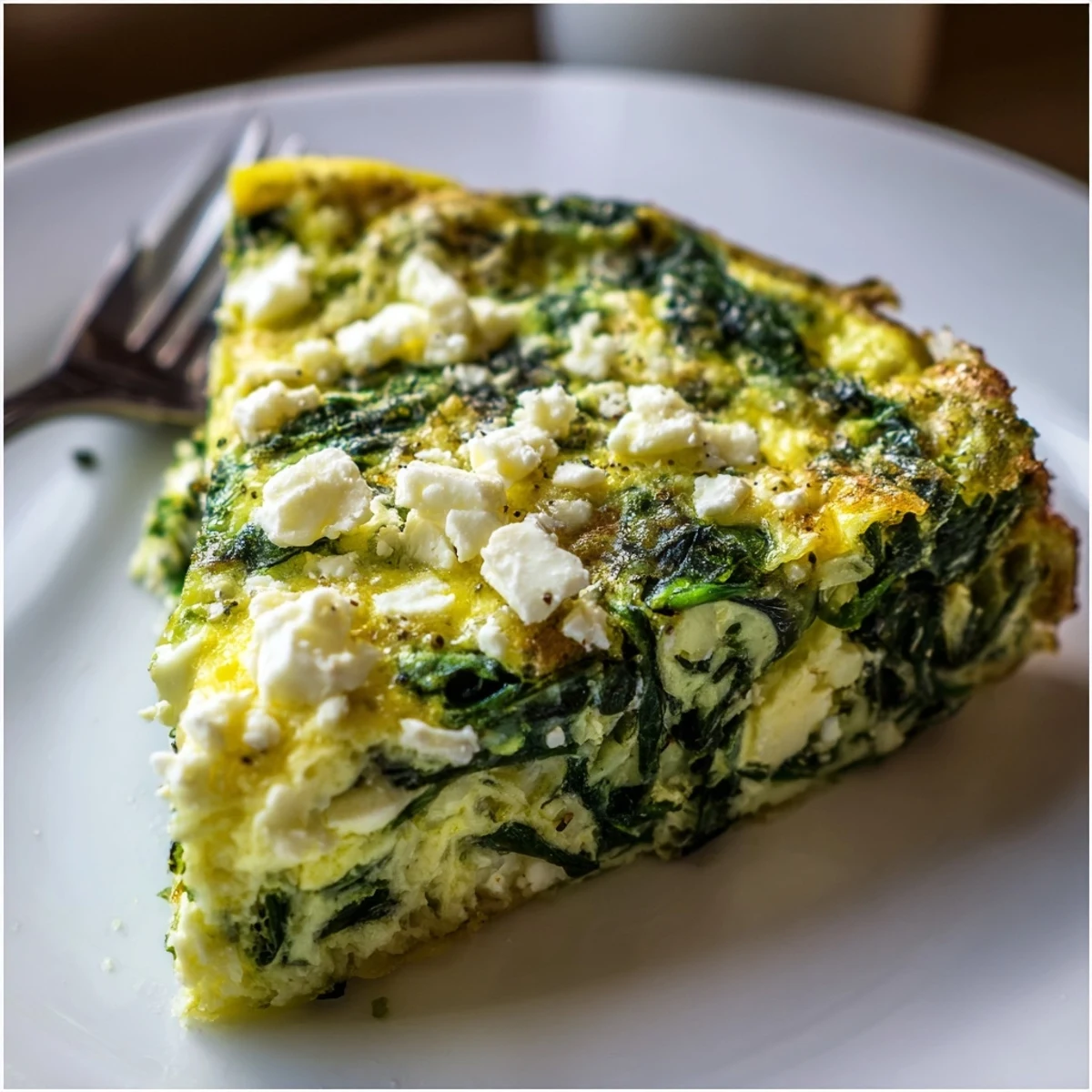 Spinach Frittata With Feta, golden top, fluffy center, served with salad.