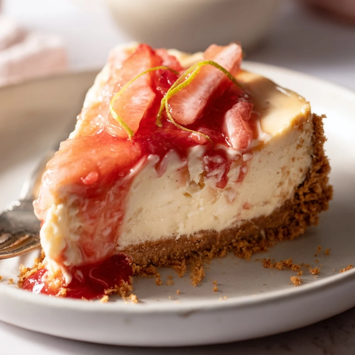 Velvety slice of Guava Cheesecake Recipe with glossy guava topping and lime zest