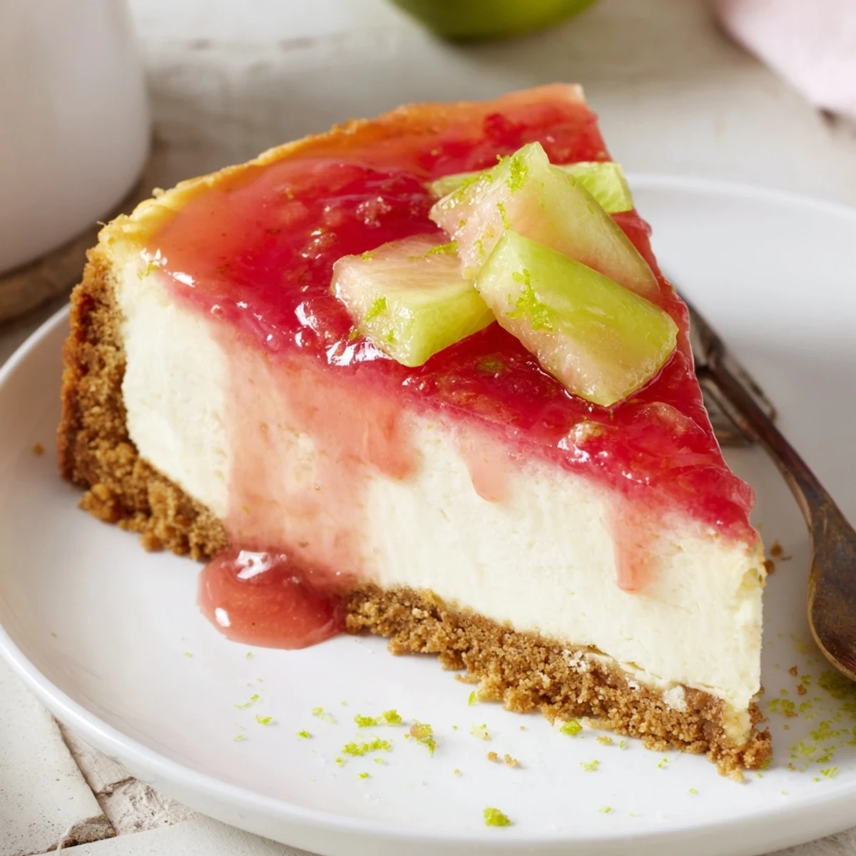 Fork ready wedge of Guava Cheesecake Recipe garnished with fresh guava and lime