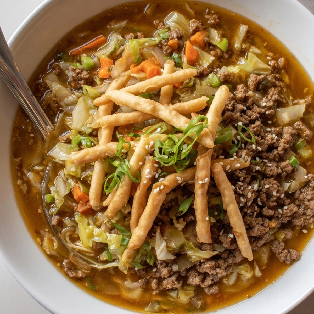 Savory Beef Egg Roll Soup Delight steaming bowl, tender beef and crisp wrapper strips