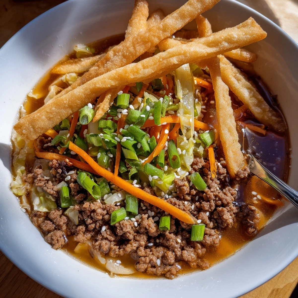 Savory Beef Egg Roll Soup Delight topped with fried wrapper ribbons and scallions