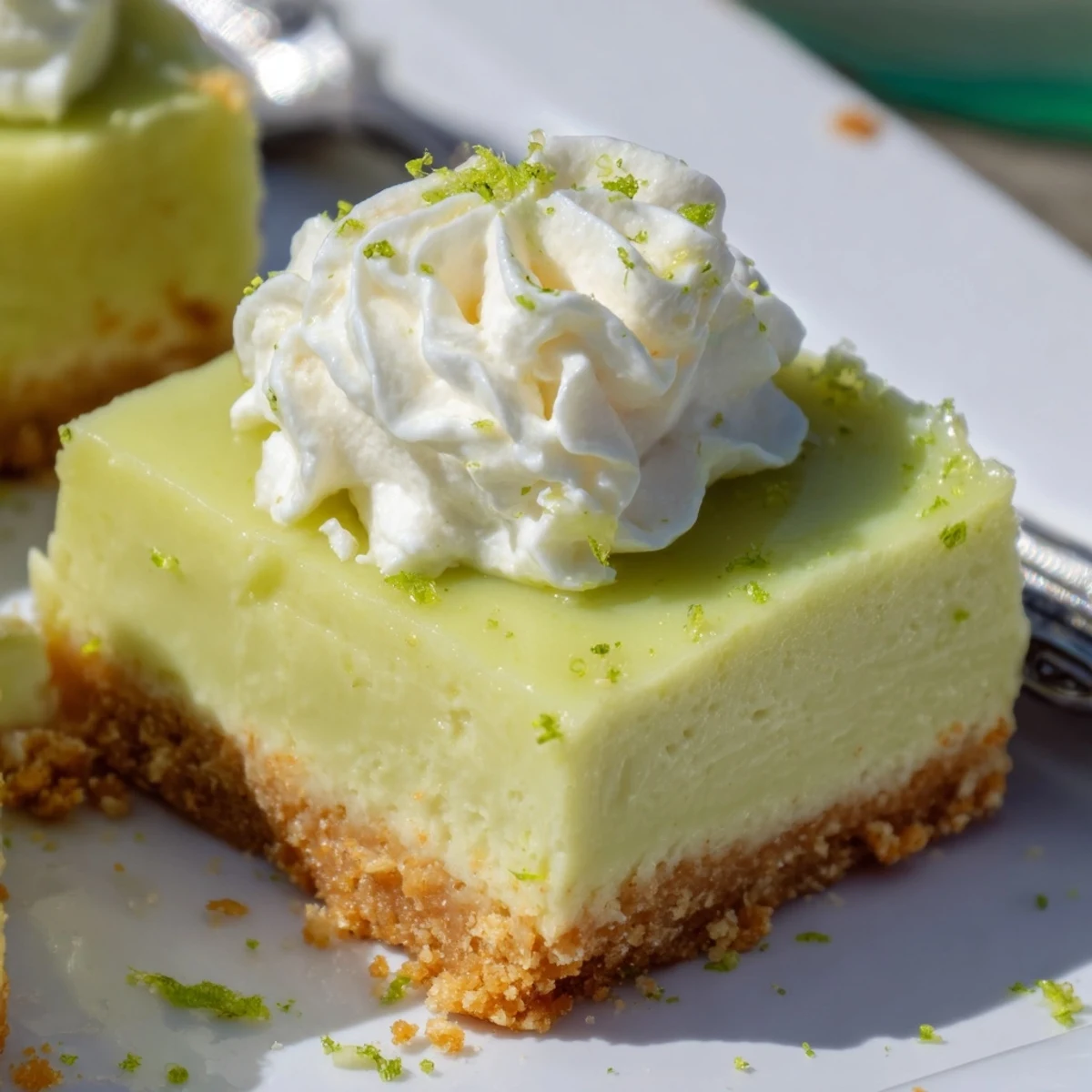 Freshly sliced Key Lime Pie Bars Recipe topped with whipped cream and zest