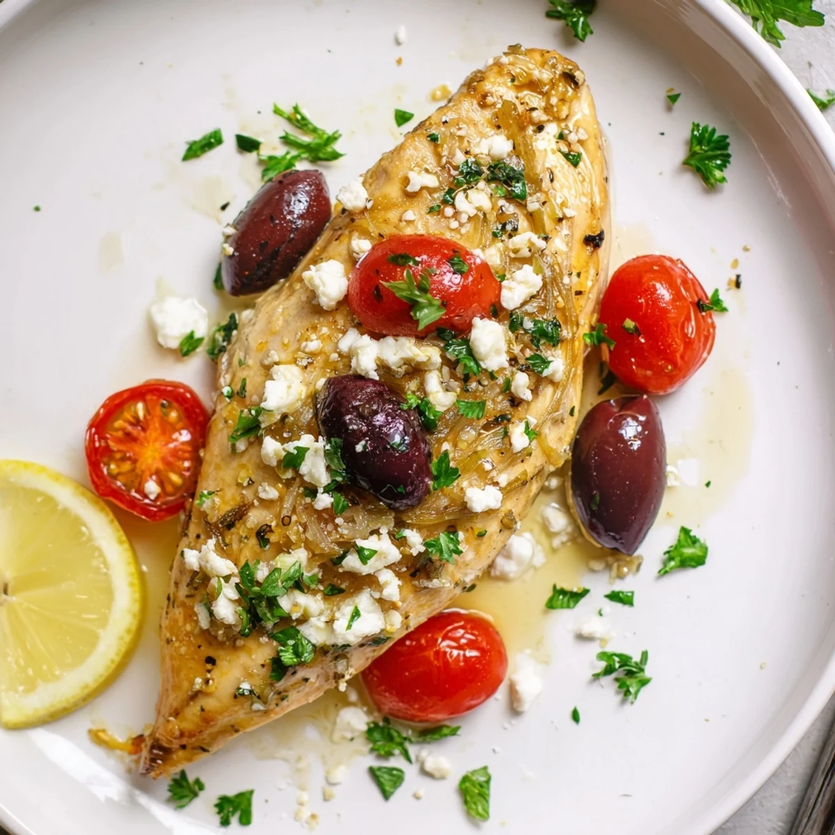 Greek Chicken With Lemon And Feta, roasted golden with bubbling cheese and halved tomatoes