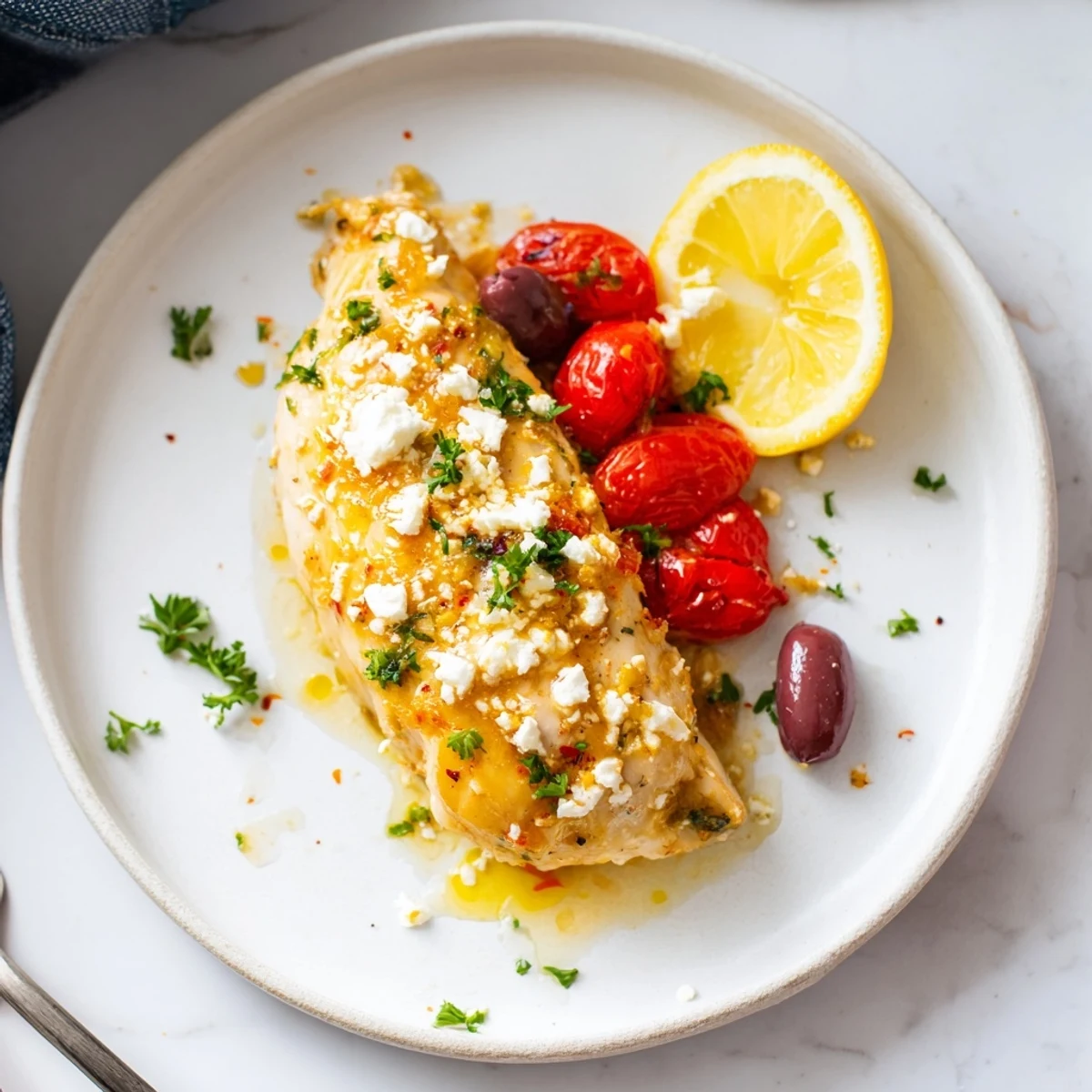 Greek Chicken With Lemon And Feta marinated in lemon-garlic, garnished with fresh parsley