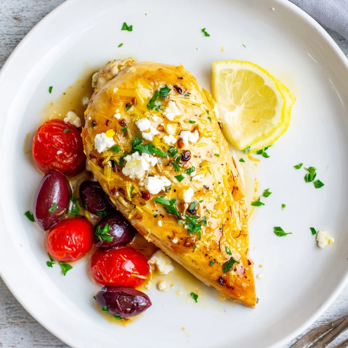 Greek Chicken With Lemon And Feta plated with oven-baked tomatoes, Kalamata olives, lemon wedges