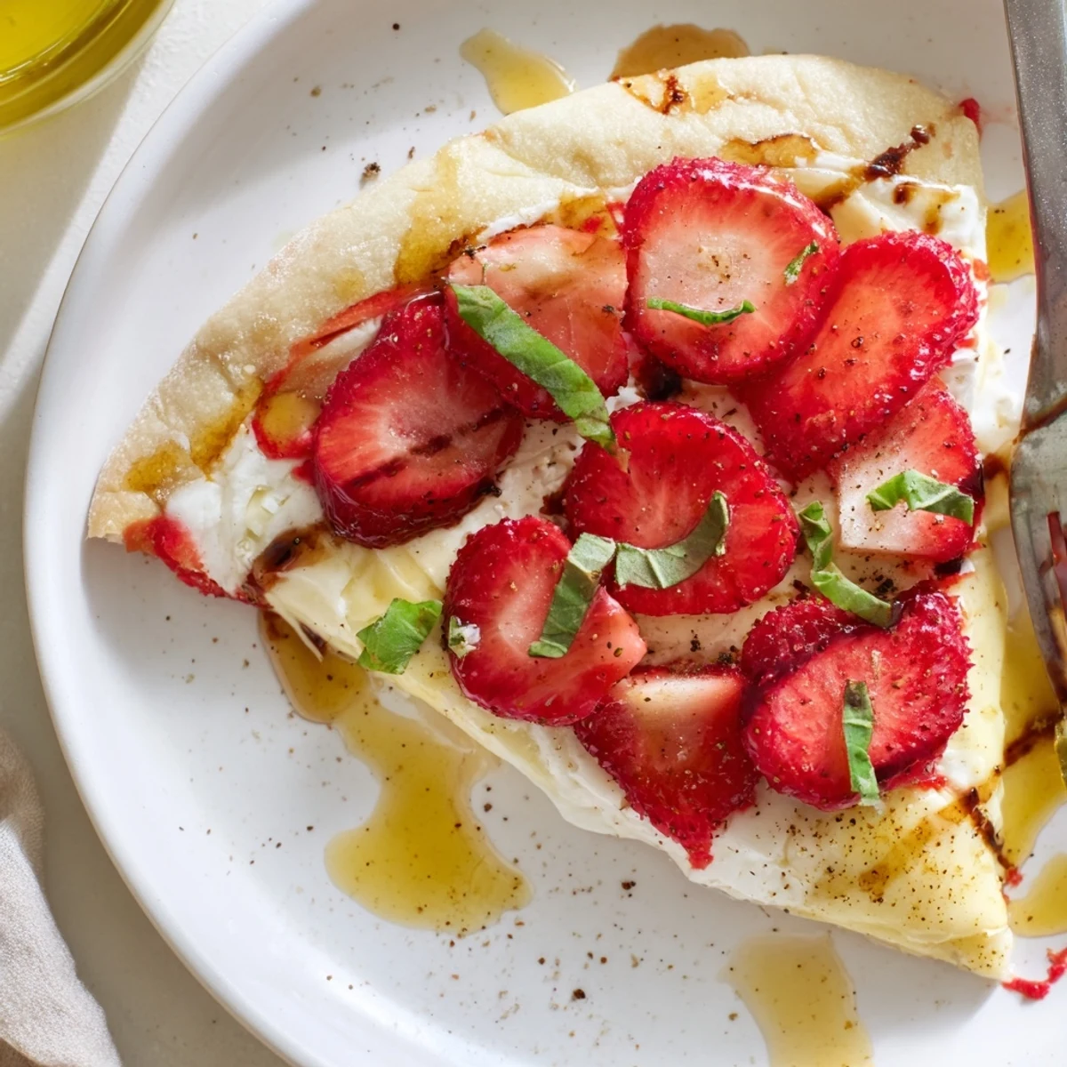 Warm Strawberry Brie Flatbread with melted cheese, honey drizzle, and basil