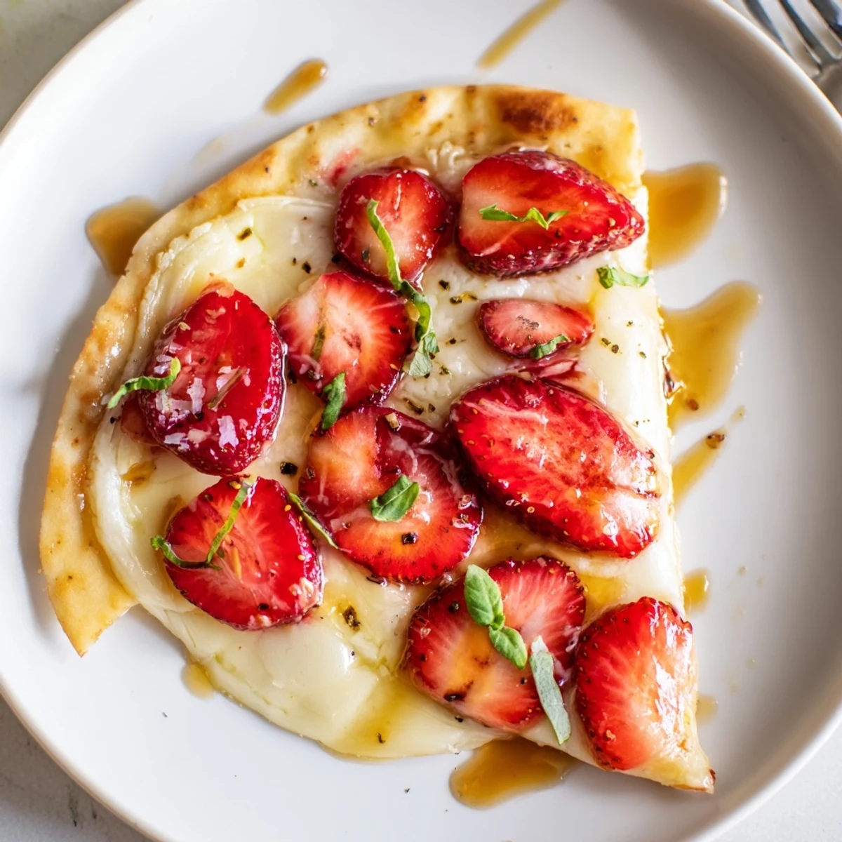 Sliced Strawberry Brie Flatbread served warm on parchment, fragrant basil and balsamic