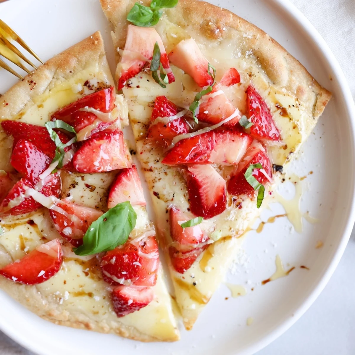 Golden crisp Strawberry Brie Flatbread topped with sliced strawberries and cracked pepper
