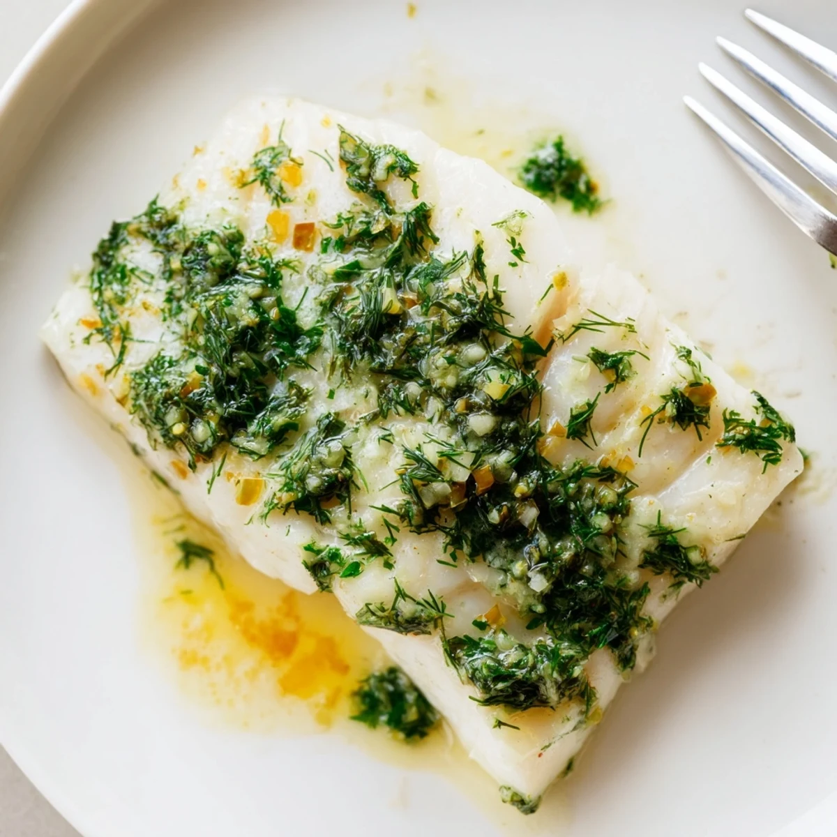Baked Halibut With Herb Butter, flaky white fillets topped with melting lemon-herb butter.