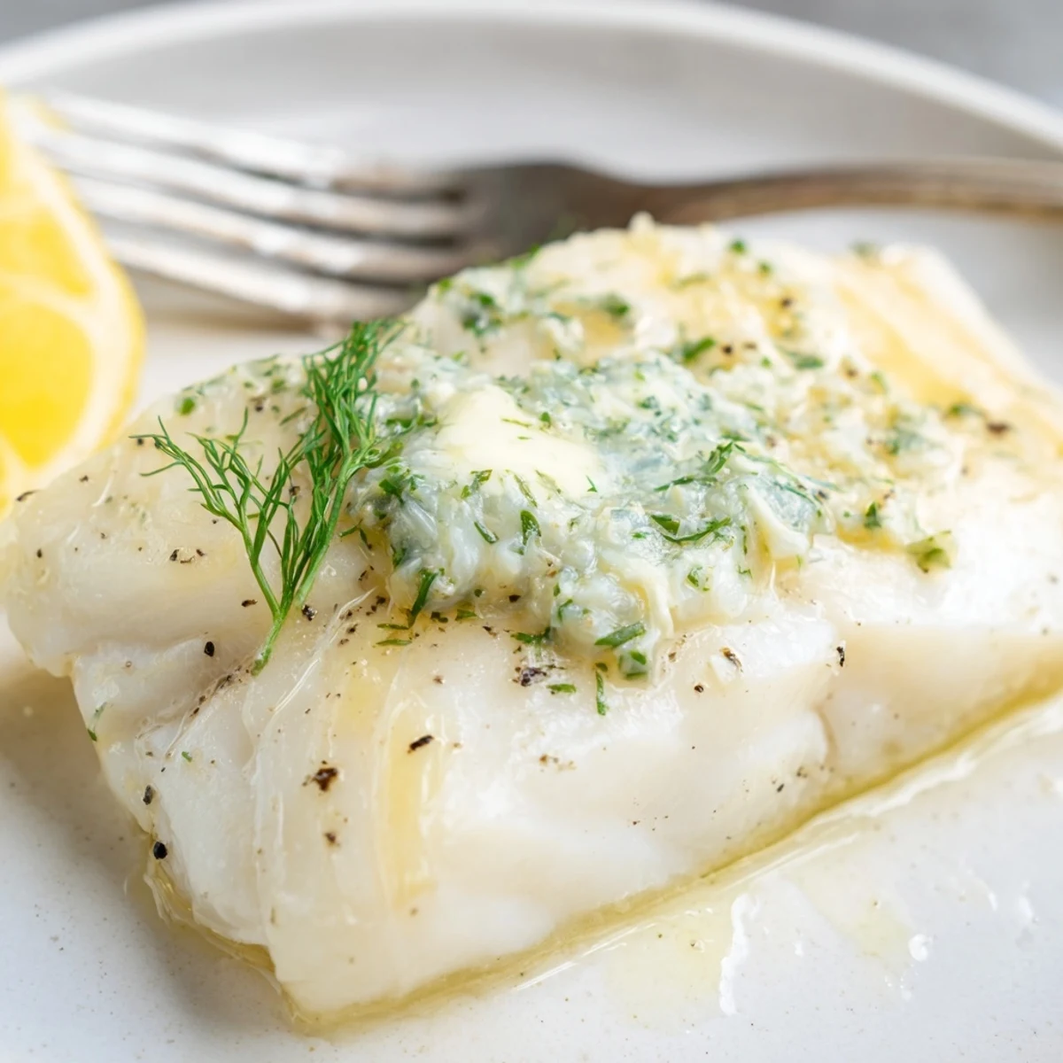 Oven-roasted Baked Halibut With Herb Butter, garlicky aroma, served warm with lemon.