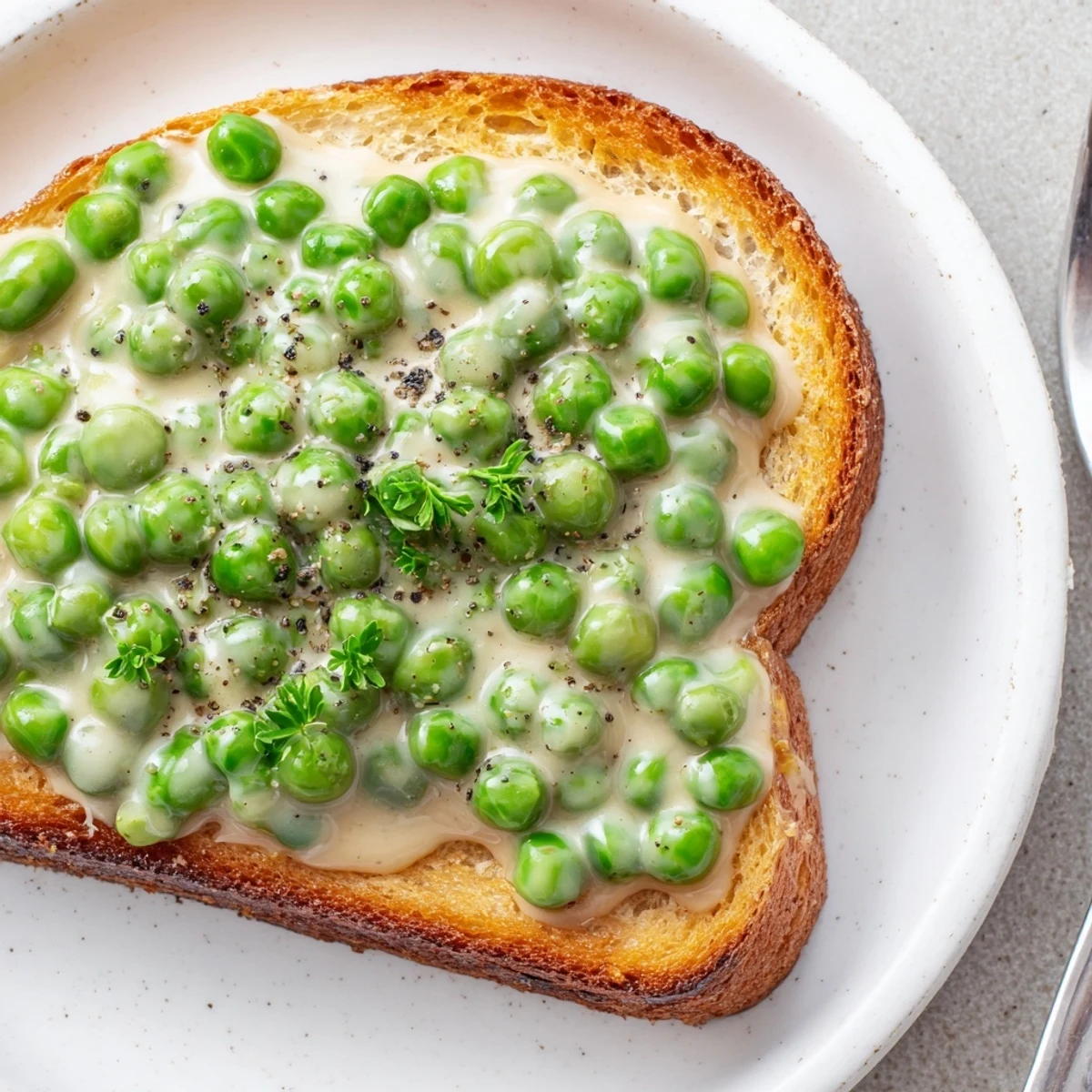 Creamed Peas on Toast, creamy green peas spooned over golden buttered slices