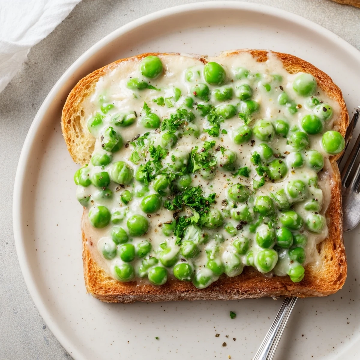 A plate of Creamed Peas on Toast topped with a runny poached egg