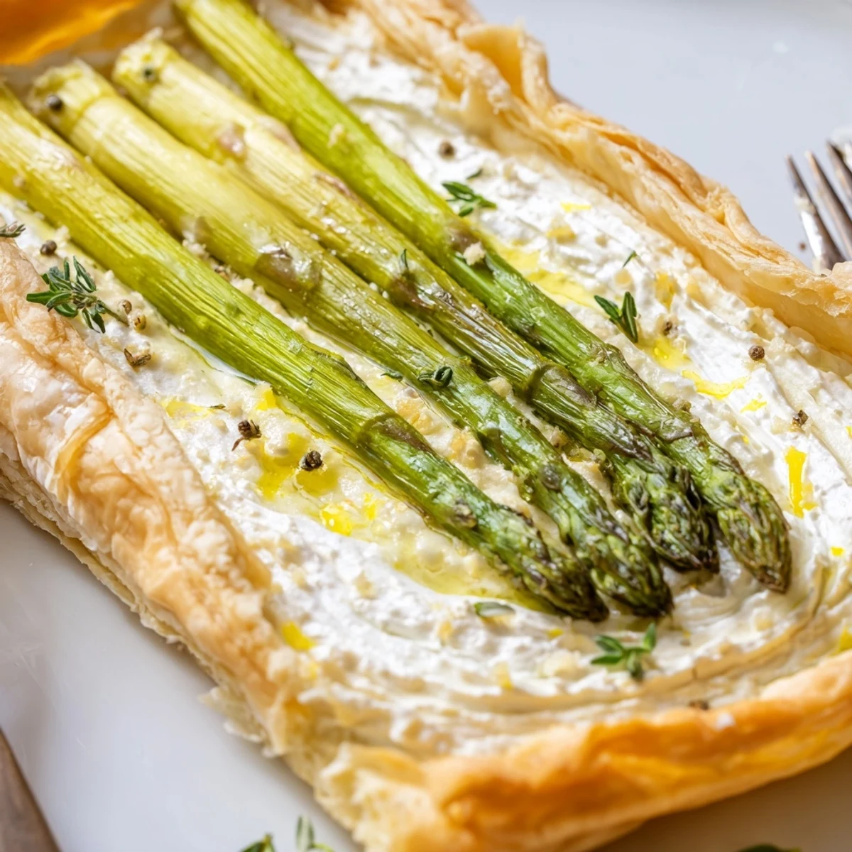 Warm Asparagus Goat Cheese Tart with flaky golden crust and herbed aroma