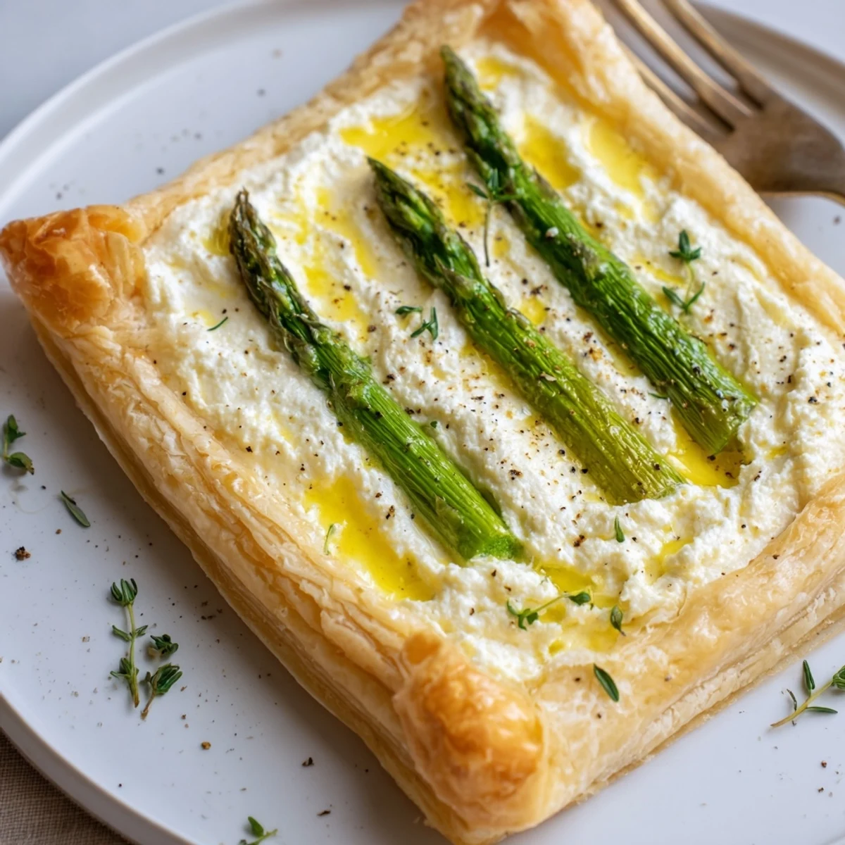 Sliced Asparagus Goat Cheese Tart served for spring brunch, lemon-zest brightness