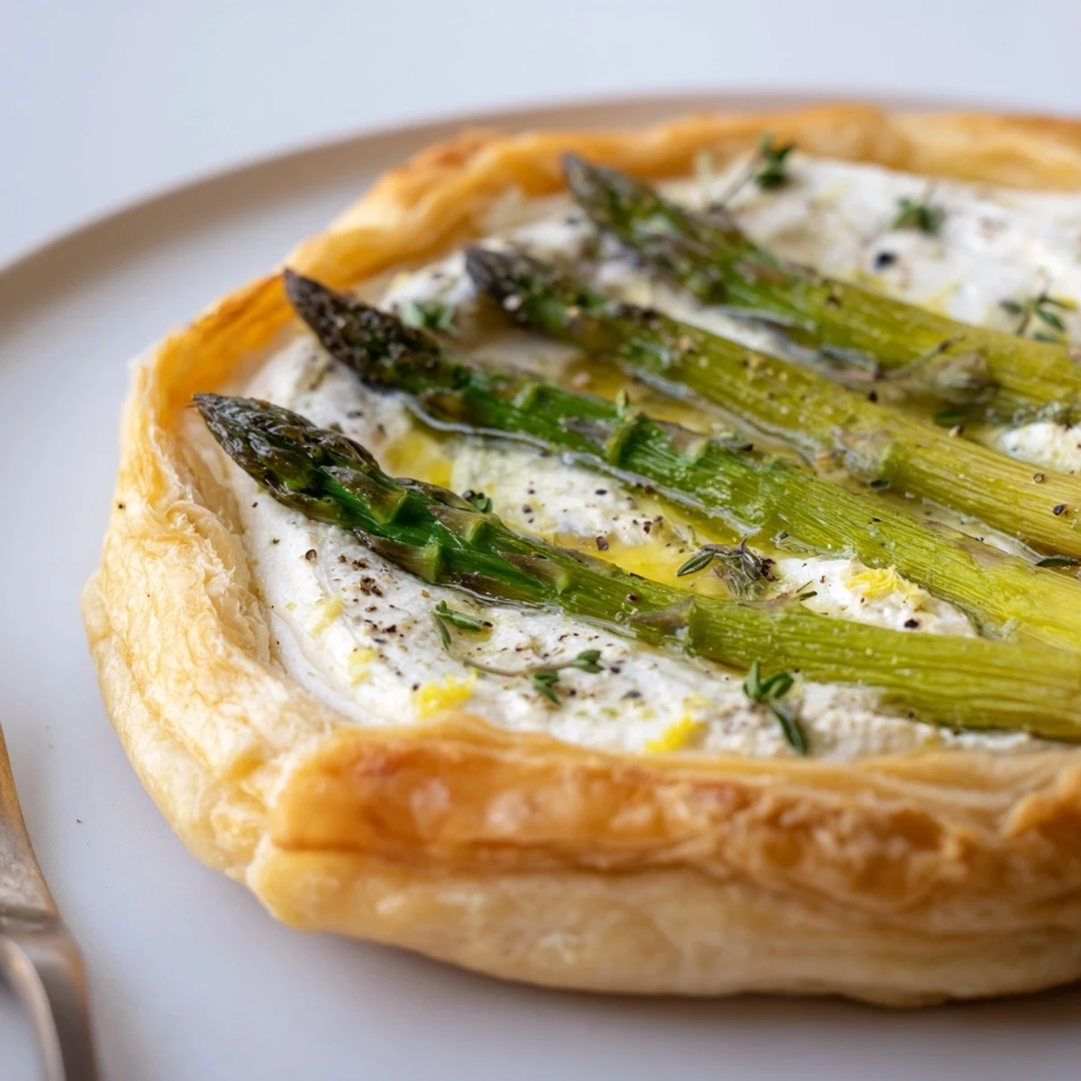 Golden Asparagus Goat Cheese Tart straight from oven, creamy center and thyme