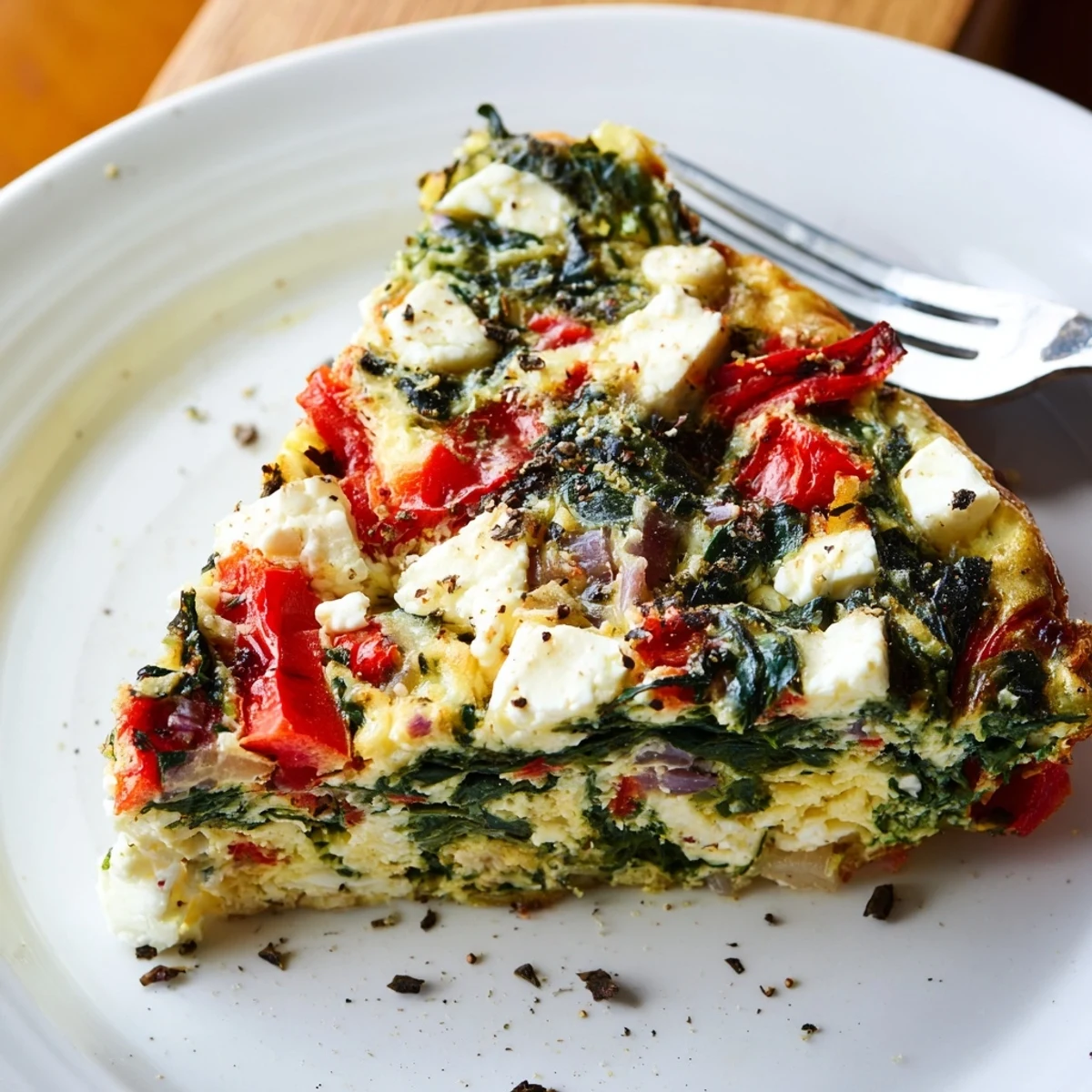 Roasted Red Pepper Spinach Baked Frittata with golden top, melty cheese and herbs
