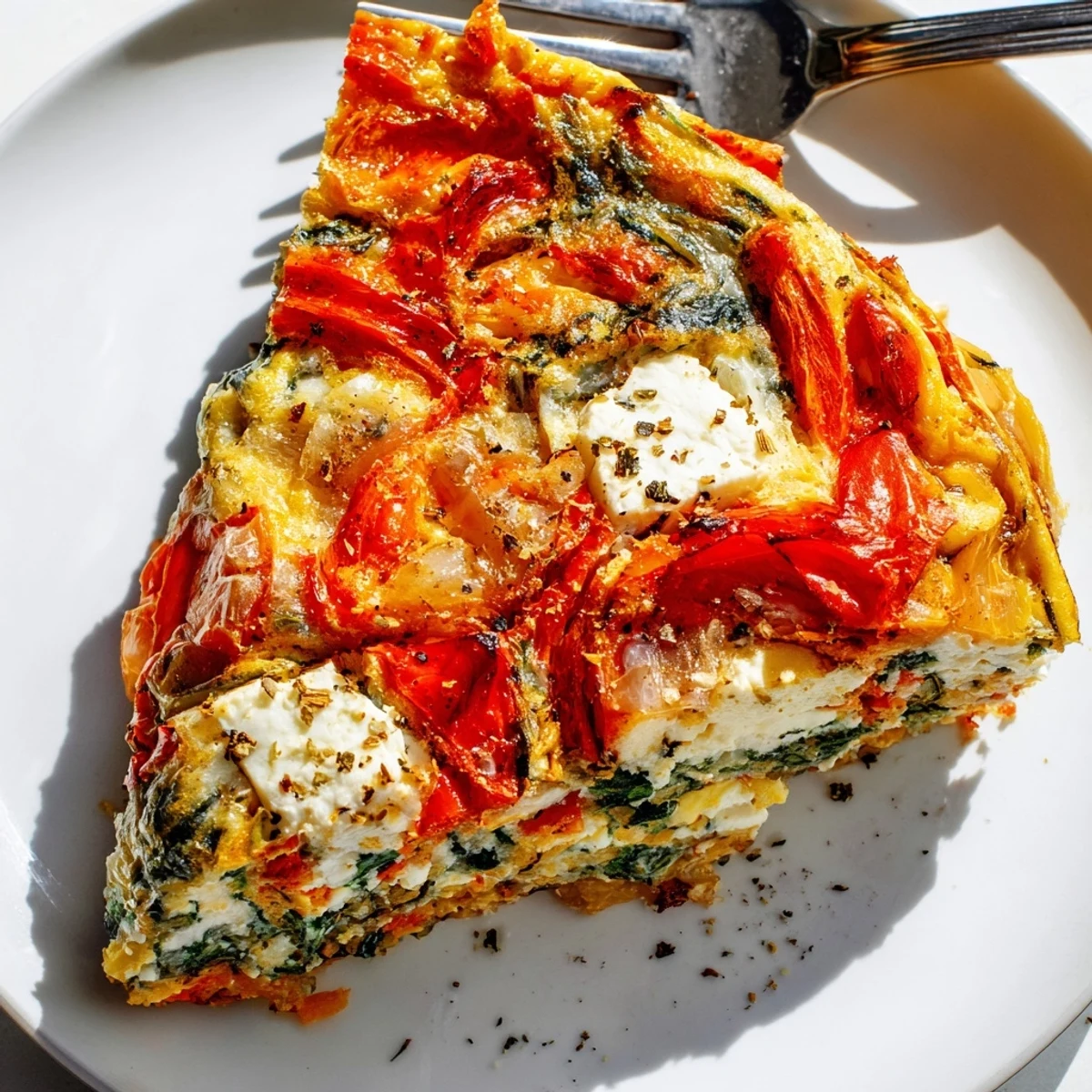 Roasted Red Pepper Spinach Baked Frittata served warm with crusty bread and fresh basil