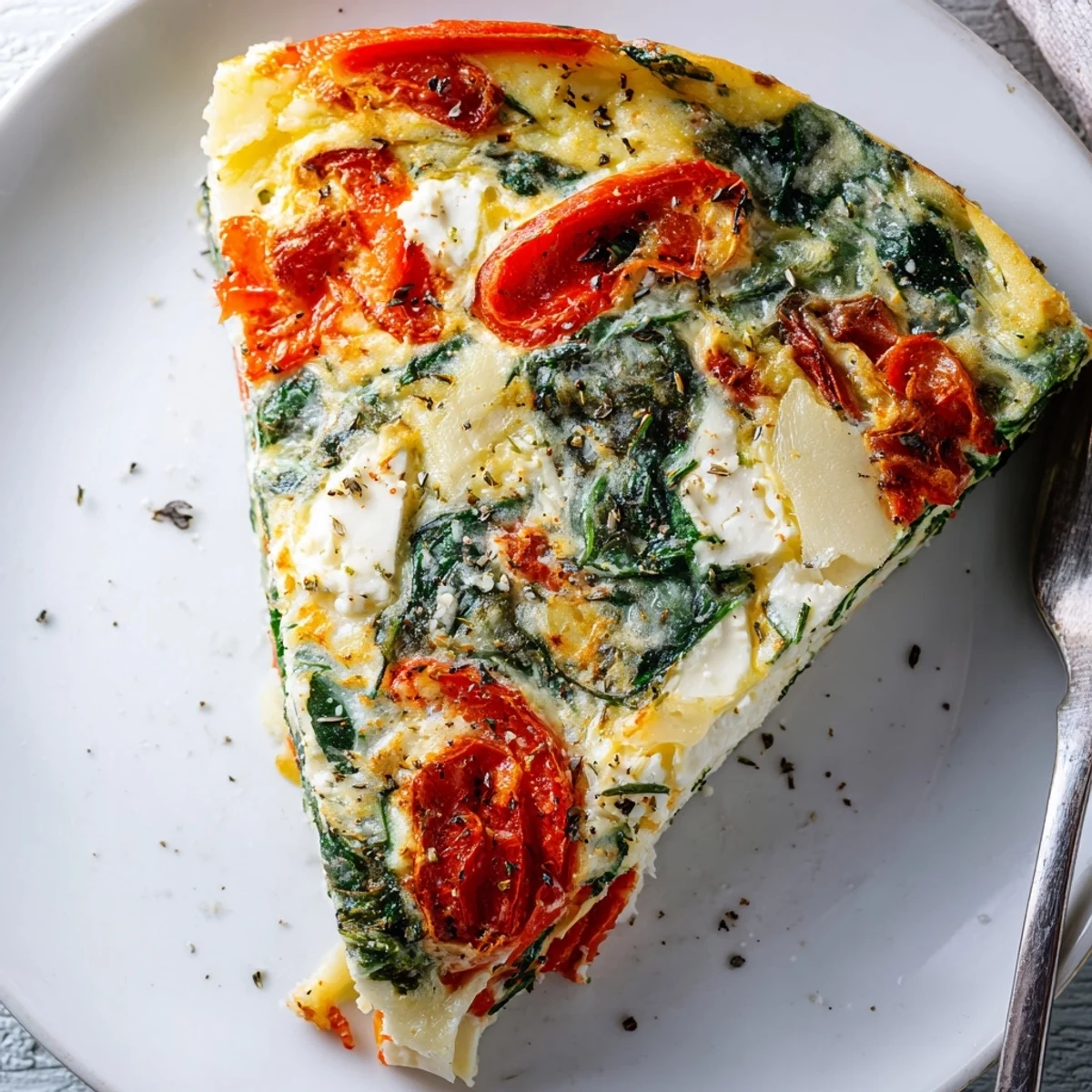 Roasted Red Pepper Spinach Baked Frittata sliced on skillet, fluffy eggs and vibrant peppers